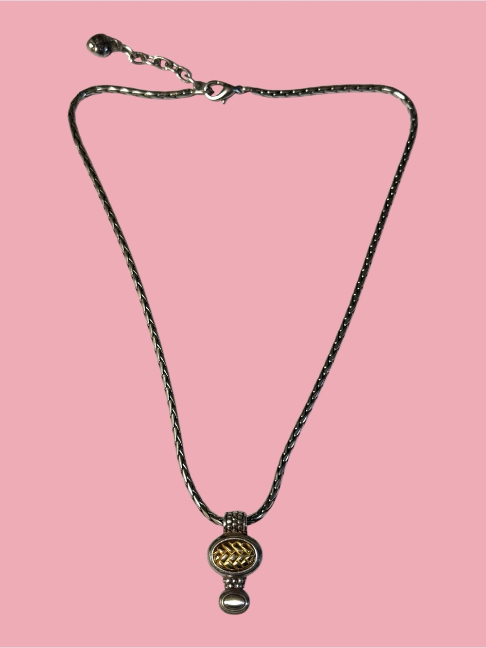 Brighton Late 90’s Two-Tone Oval Braided Motif Pendant w/Fluid Wheat Chain